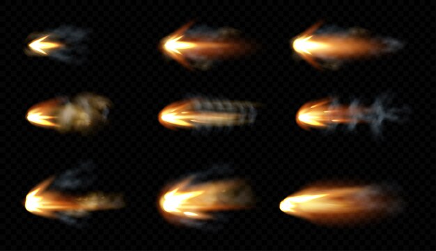 Pistola destella con humo y destellos de fuego. Nubes de disparos de pistola, explosión de escopeta de boca. Movimiento explosivo, senderos de balas de armas aisladas sobre fondo negro. Ilustración 3d realista, conjunto de iconos