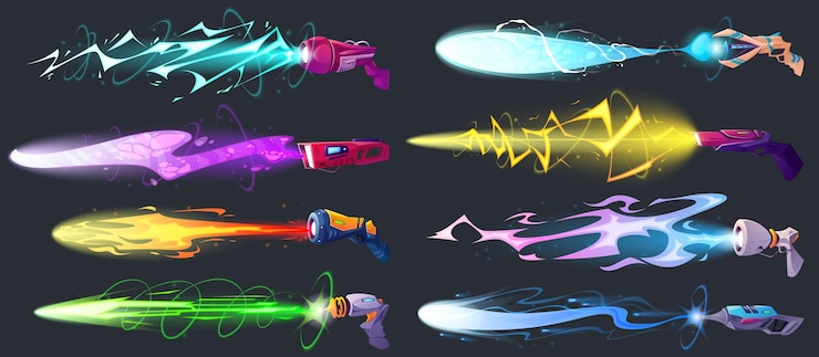 Vector gratuito pistolas espaciales vfx efecto láser blasters con rayos