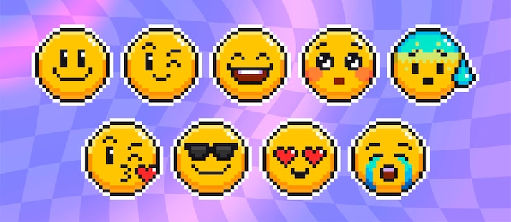 Vector gratuito pixel art emoticon faces on purple
