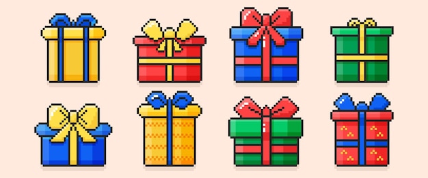 Pixel art feliz cumpleaños cajas de regalos coloridas paquetes de regalos con lazos de cinta