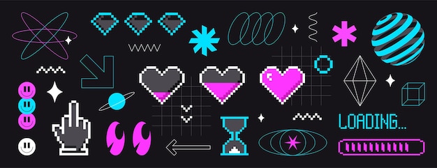 Pixel art flechas sonrisas corazones de amor figuras abstractas geométricas y elementos futuristas retro rave