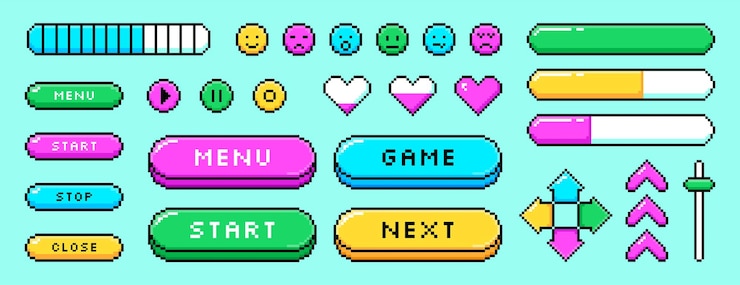 Vector gratuito pixel elementos gráficos de videojuegos ui botones flechas iconos de menú en estilo retro de 8 bits