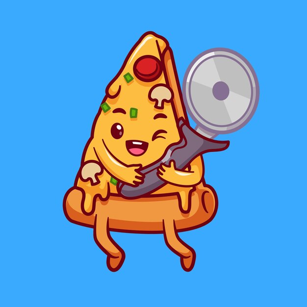 Piza linda con cortador de pizza icono vectorial de dibujos animados Ilustración de comida icono de vacaciones aislado plano