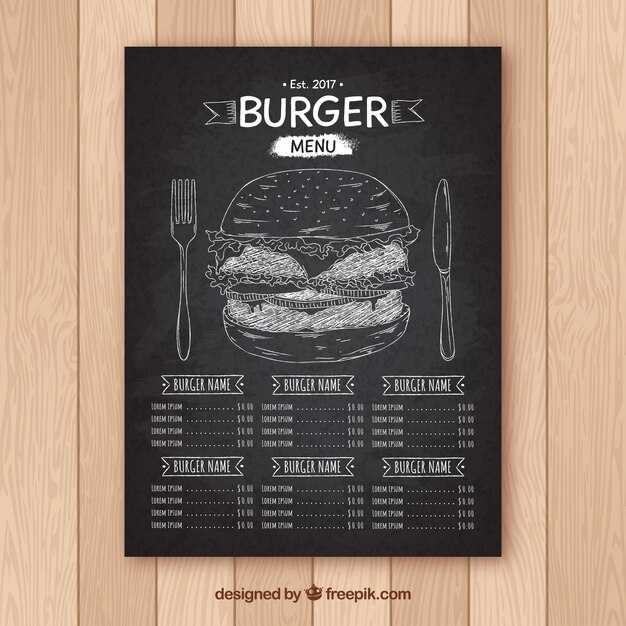 Pizarra con menú de hamburguesa dibujado a mano