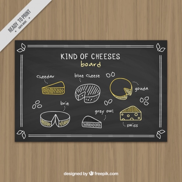 Pizarra con variedad de quesos escrita