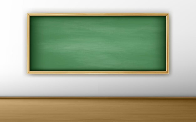 Pizarra verde en el aula con paredes blancas y piso de madera