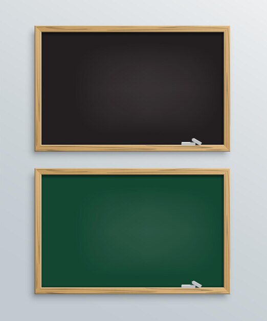 Pizarras escolares negras y verdes con piezas de tiza Dos pizarras de clase aisladas sobre fondo gris