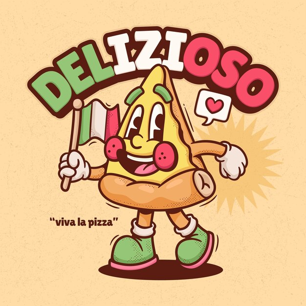 Pizza italiana Trendy Retro Cartoon Vector Dibujado a mano