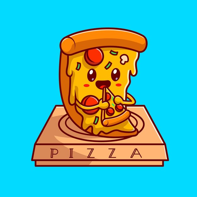 Pizza linda que come la pizza en la ilustración del icono del vector de la historieta de la caja. Concepto de icono de objeto de alimentos aislado
