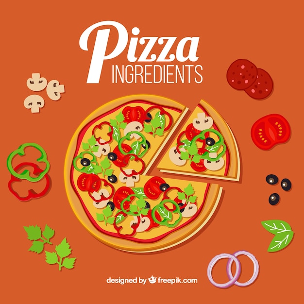 Vector gratuito pizza con muchos ingredientes alrededor