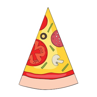 Pizza con queso fundido y pepperoni. etiqueta engomada de la historieta en estilo cómico con contorno. decoración para tarjetas de felicitación, carteles, parches, estampados para ropa, emblemas. ilustración vectorial.