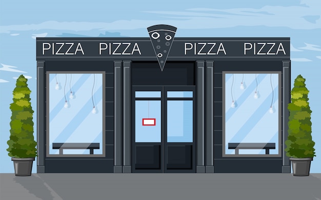 Pizza restaurante fachada estilo plano. Iconos de cafe moderno