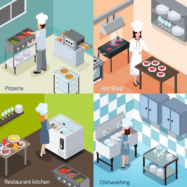 Pizzería comercial y restaurante, cocina, equipo interior, electrodomésticos, 4 iconos isométricos cuadrados con instalación para lavar platos, ilustración vectorial aislada