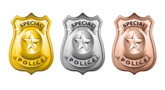Placa de policía en mano realista con tres escudos metálicos aislados de oro plata y bronce ilustración vectorial