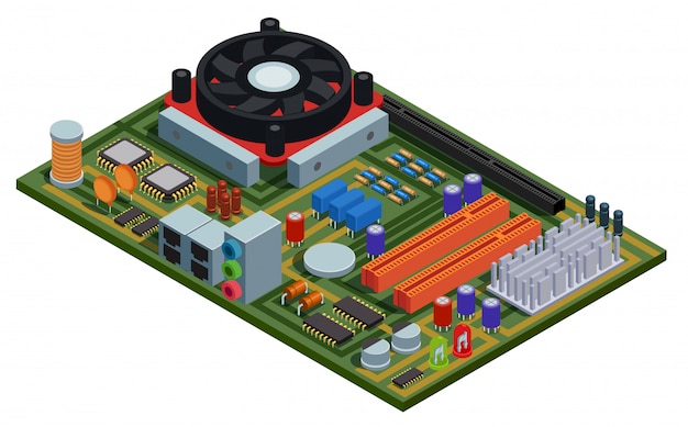 Placa del sistema para ilustración isométrica de PC con ranuras de elementos semiconductores microchips condensadores diodos transistores