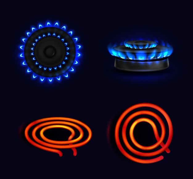 Vector gratuito placas de cocción, estufa de gas ardiente y bobina eléctrica, llama azul y vista superior y lateral en espiral eléctrica roja. quemador de cocina con encimeras encendidas, horno de cocción, estufas que brillan intensamente aisladas, juego 3d realista