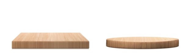 Placas de madera marrón como podio de exhibición de productos Ilustración vectorial de renderización 3D conjunto de pedestal de piso plano redondo y rectangular con textura de madera ligera Maqueta natural de stand de producción cosmética