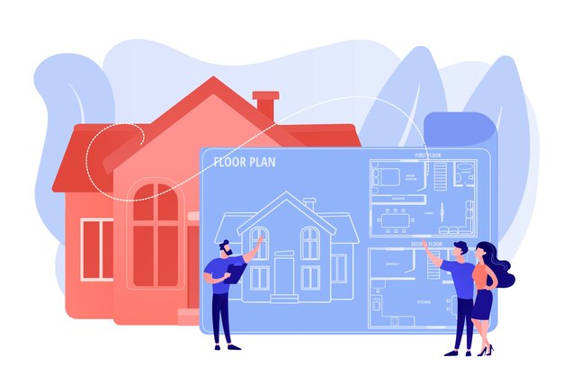 Plan de arquitectura de la casa con muebles. Diseño de interiores. Plano de planta de bienes raíces, servicios de plano de planta, concepto de marketing inmobiliario. Ilustración aislada de bluevector coral rosado
