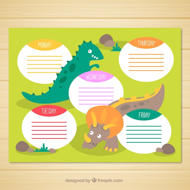 Vector gratuito plan semanal con dinosaurios en diseño plano