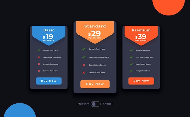 plan de suscripción web y lista de comprobación de precios diseño de plantilla oscura