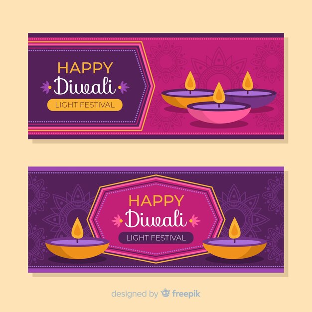 Plana diwali web banners y velas.