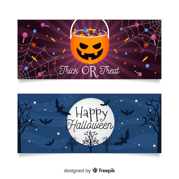 Vector gratuito plana pancartas de halloween con bolsa de dulces y luna