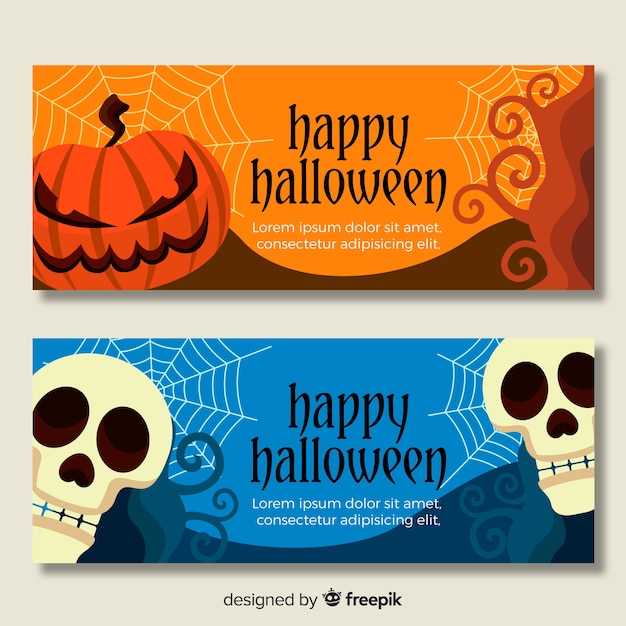 Plana pancartas de halloween con calavera y calabazas