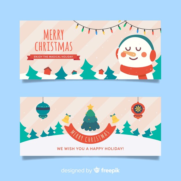 Plana pancartas de navidad con muñeco de nieve y bosque de árboles de navidad