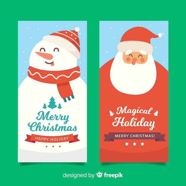 Vector gratuito plana pancartas de navidad con santa claus y muñeco de nieve