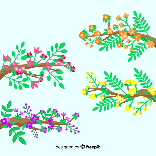 Planas ramas florales coloridas sobre fondo verde