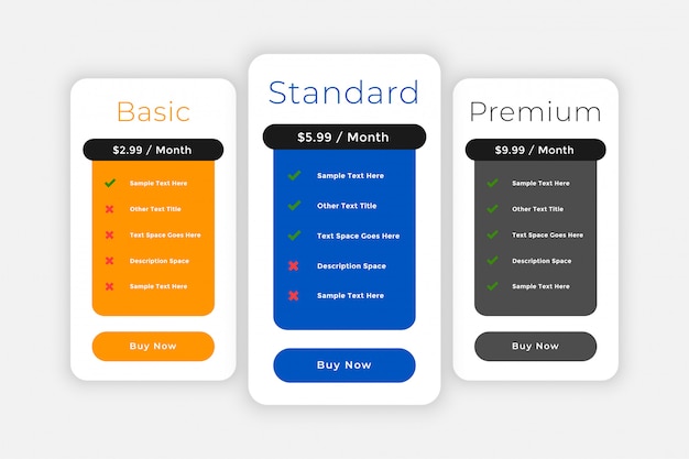 Vector gratuito planes de suscripción y plantilla web de comparación de precios