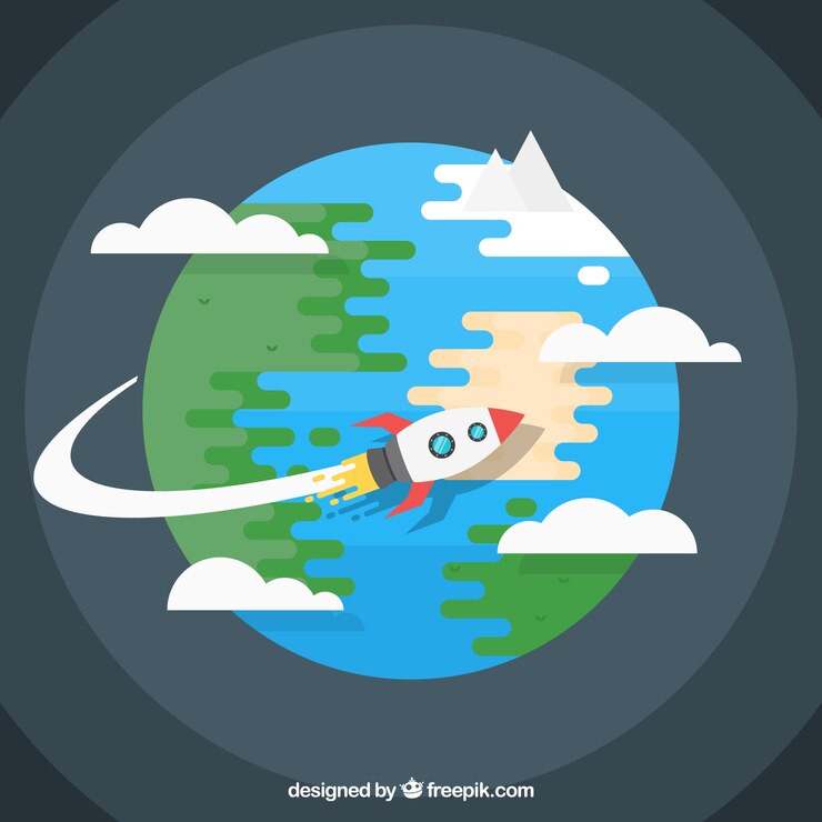 Vector gratuito planeta tierra con cohete en diseño plano