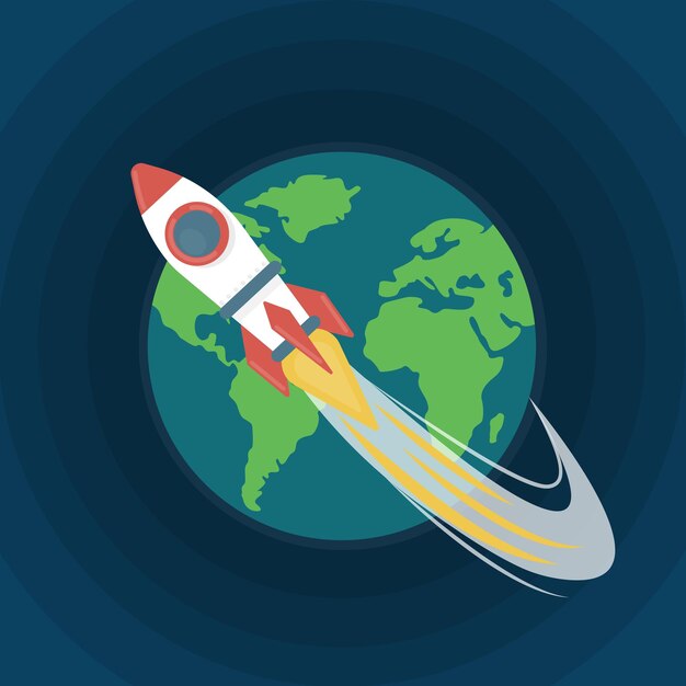 planeta tierra, y, cohete, plano, vector, ilustración