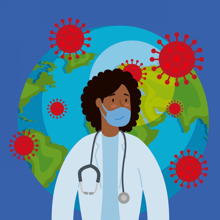 Vector gratuito planeta tierra con partículas covid19 y doctora afro