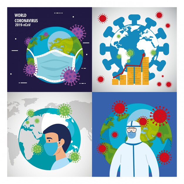 Planeta tierra con partículas covid19 set iconos