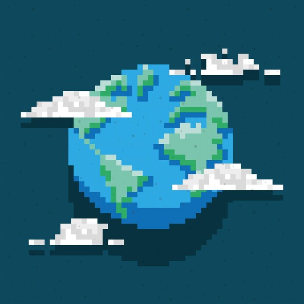 planeta tierra pixelado y nubes
