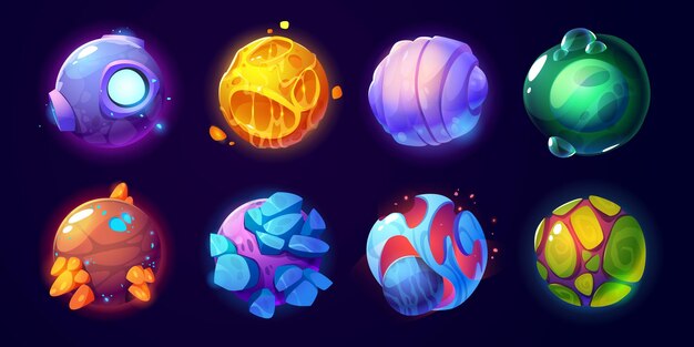 Planetas alienígenas de fantasía para el vector del juego espacial ui