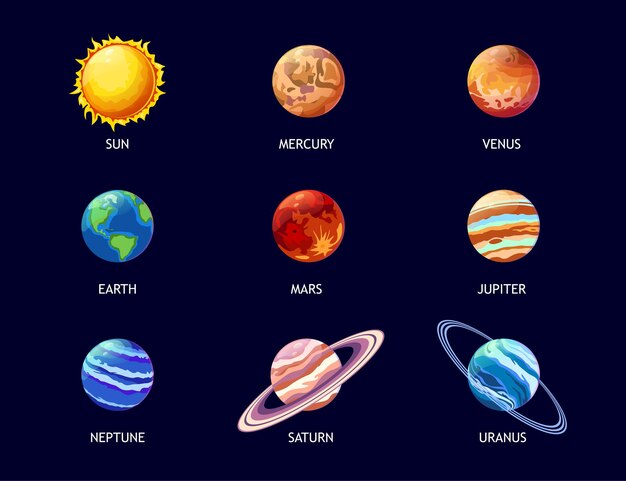 Planetas coloridos del conjunto de imágenes planas del sistema solar