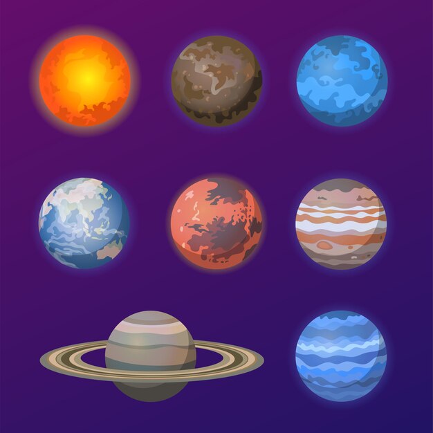 Planetas del conjunto de ilustraciones vectoriales del sistema solar. Colección de dibujos animados de sol, Mercurio, Júpiter, Marte, Venus, Neptuno, Urano, Saturno aislado sobre fondo púrpura. Espacio, concepto de astronomía