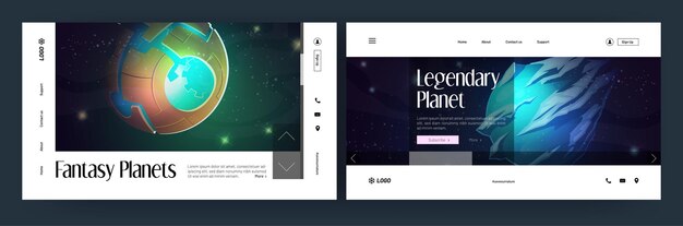 Planetas de fantasía en páginas de aterrizaje de dibujos animados espaciales. Satélite futurista, meteorito, asteroide en el oscuro cielo estrellado. Galaxy, cosmos, viajes de fantasía del universo, interfaz de juegos de computadora, diseño de banners web vectoriales