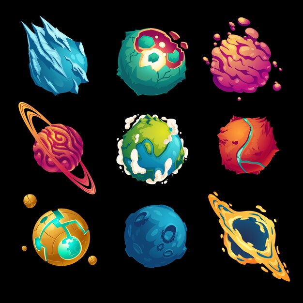 Planetas fantásticos dibujos animados galaxy ui juego asteroides