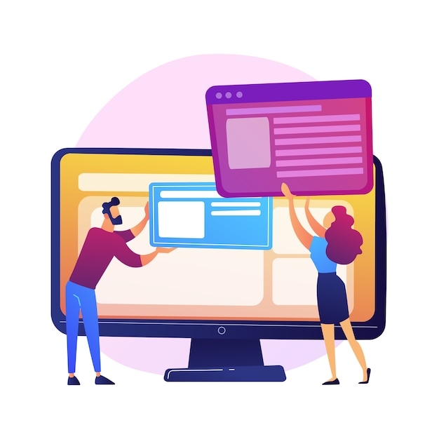 Vector gratuito planificación del desarrollo de la interfaz del sitio web. equipo de devops personajes planos trabajando. ui, ux, diseño de contenido. creación de software y desarrollo web.