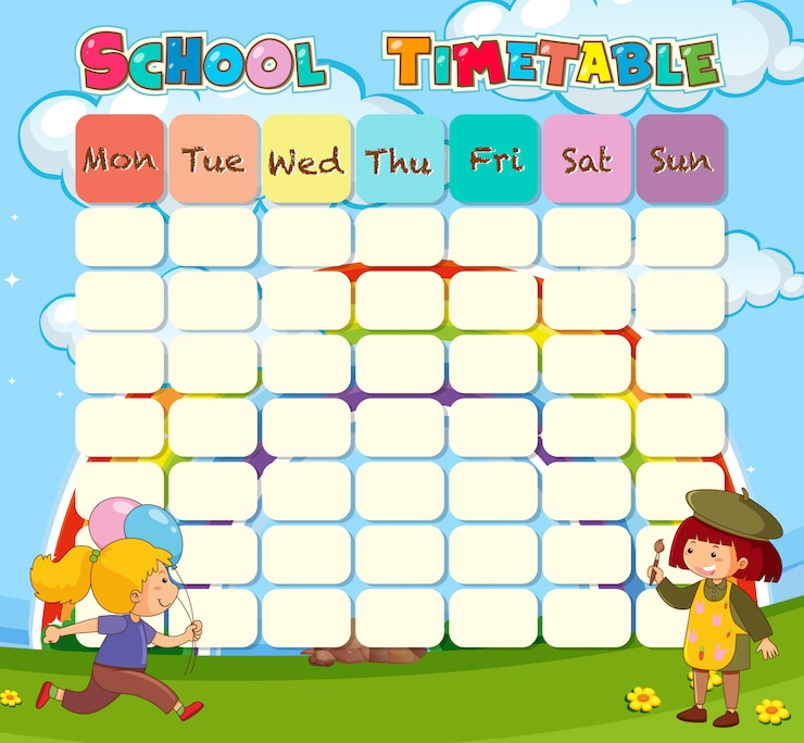 Vector gratuito planificación de horarios escolares con personajes.