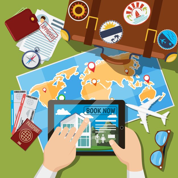 Planificación de vacaciones de verano o viaje de placer. Vista superior de maleta, mapa y boletos de avión. Ilustración de turismo de viajes