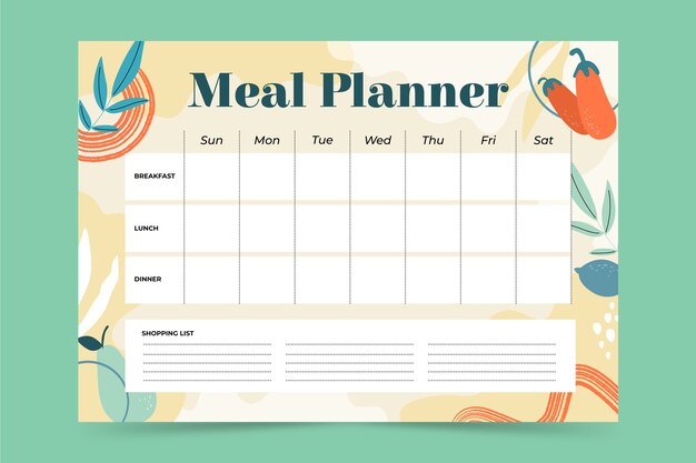 Planificador de comidas de diseño plano dibujado a mano