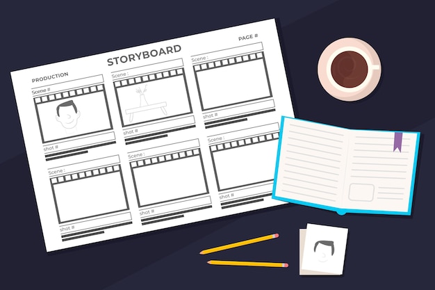 Planificador diario de storyboard y café.