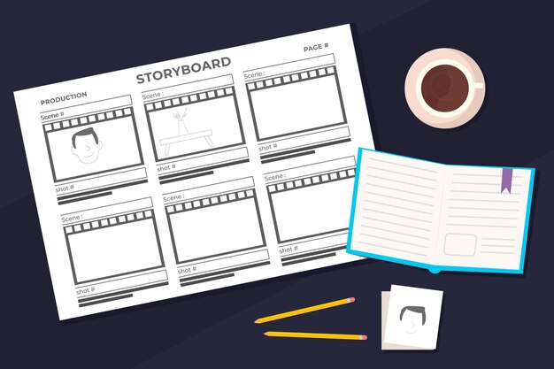 Planificador diario de storyboard y café.