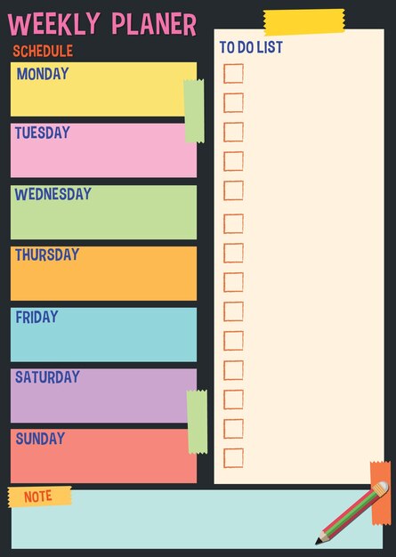 Planificador semanal abstracto colorido y diseño de lista de tareas pendientes