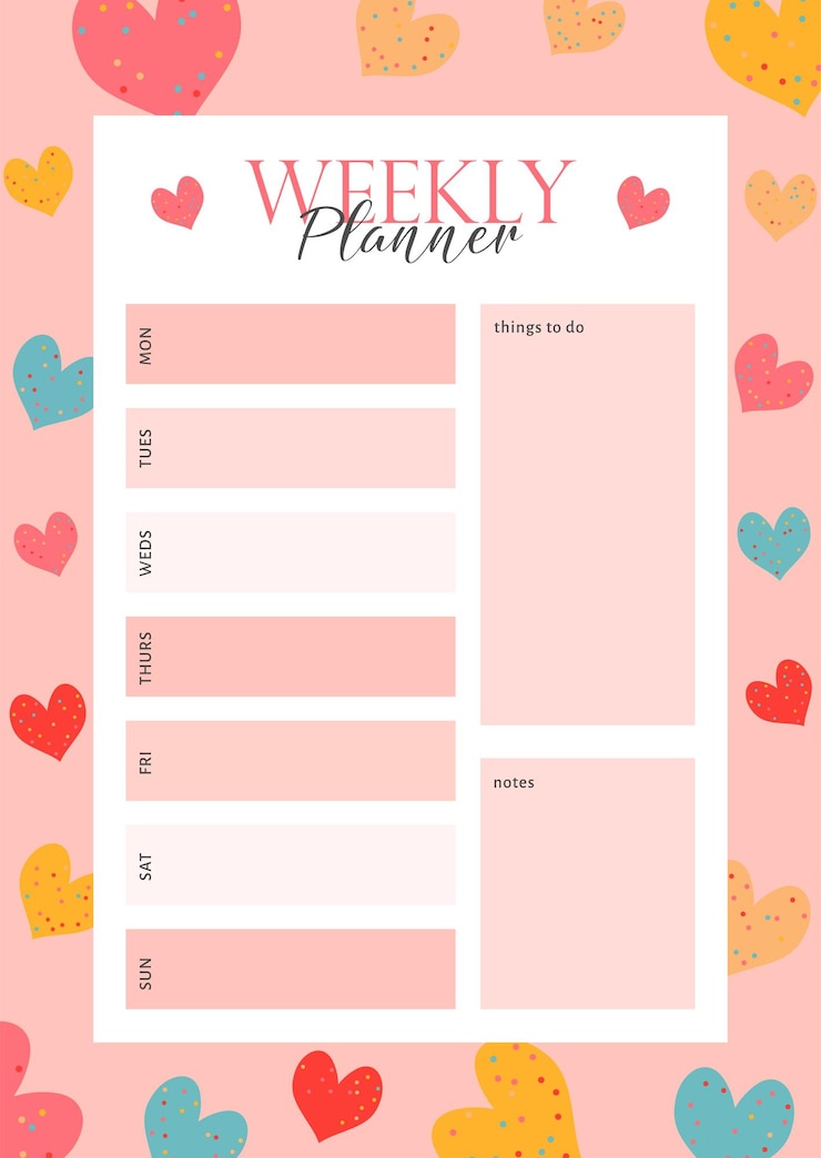 Vector gratuito planificador semanal con un diseño de corazones lindos
