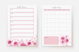 Vector gratuito planificador semanal de flores de acuarela rosa suave y plantilla de lista de tareas